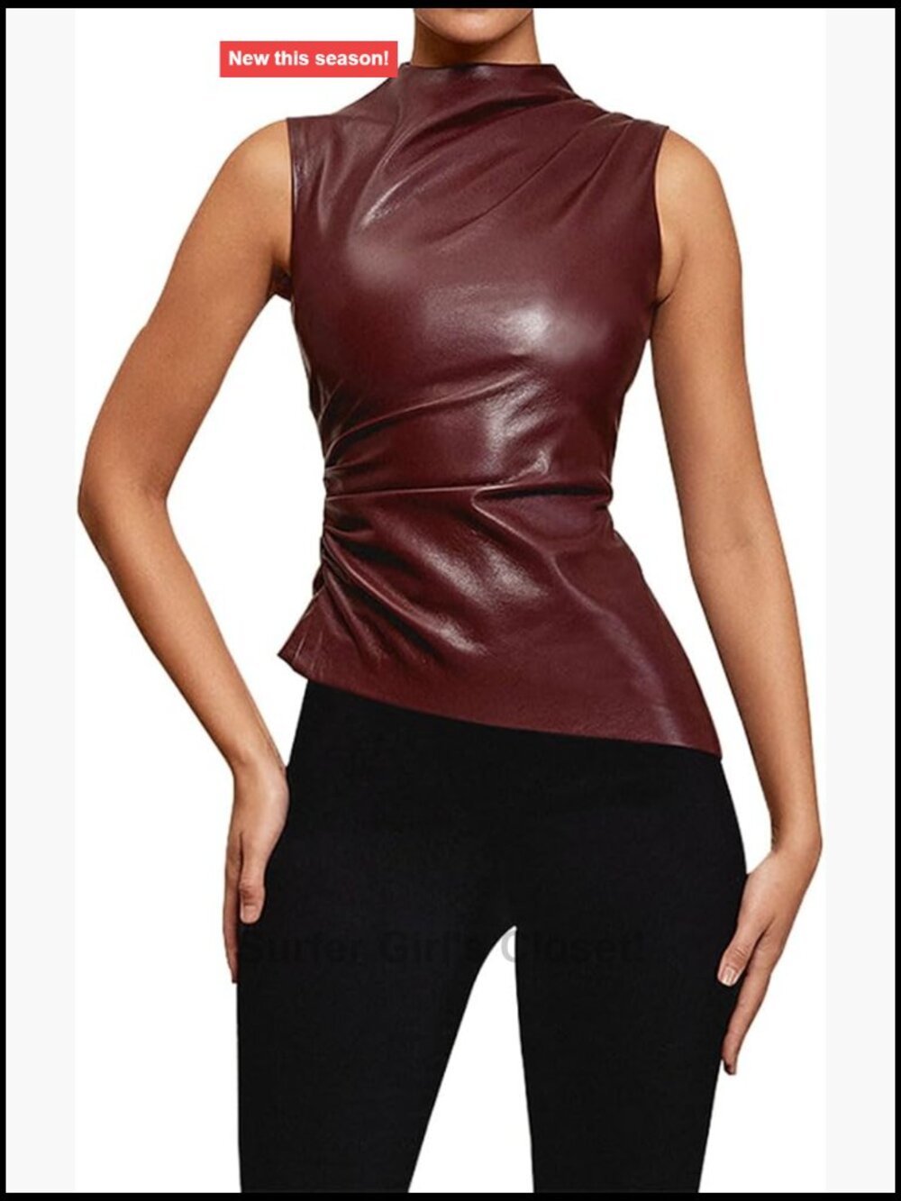 Women's PU Leather Sleeveless Tank Top Asymmetrical Ruched Mock Neck Slim Fit